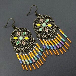 Copper with Green Opal Crystal Enamel Beaded Boho Dream Catcher Hook Earrings